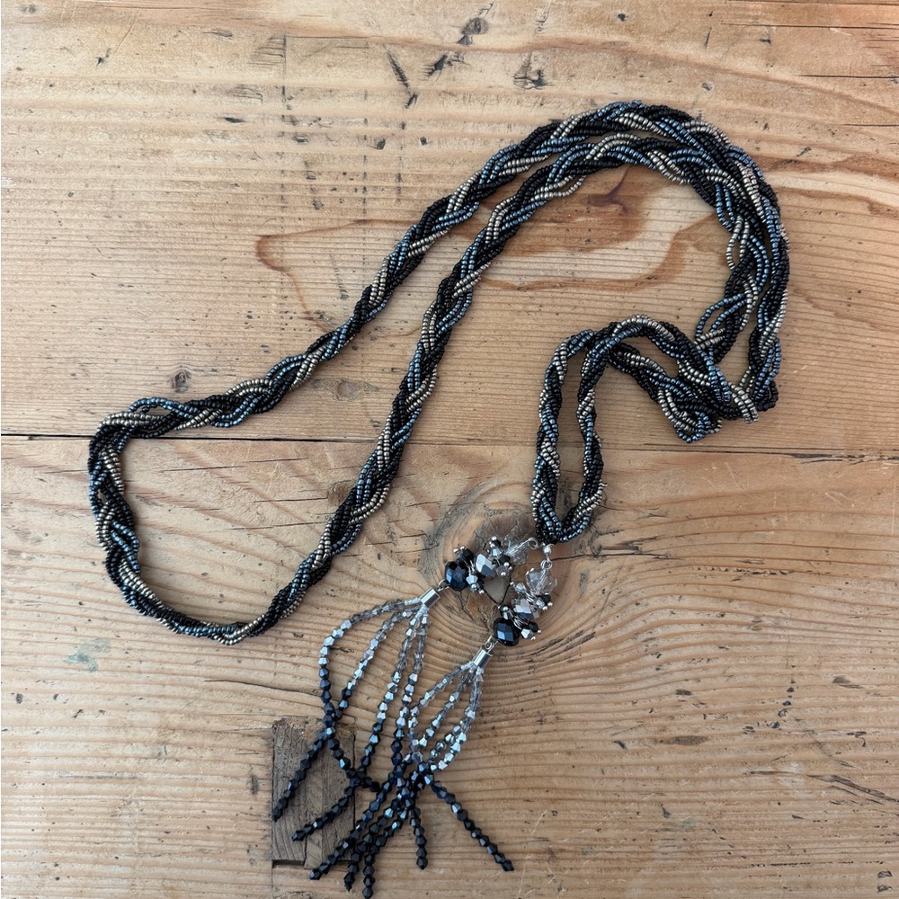Vintage 90s Y2K Beaded Tassel Belt Gunmetal Blue Crystal Boho Glam Statement - Picture 2 of 4
